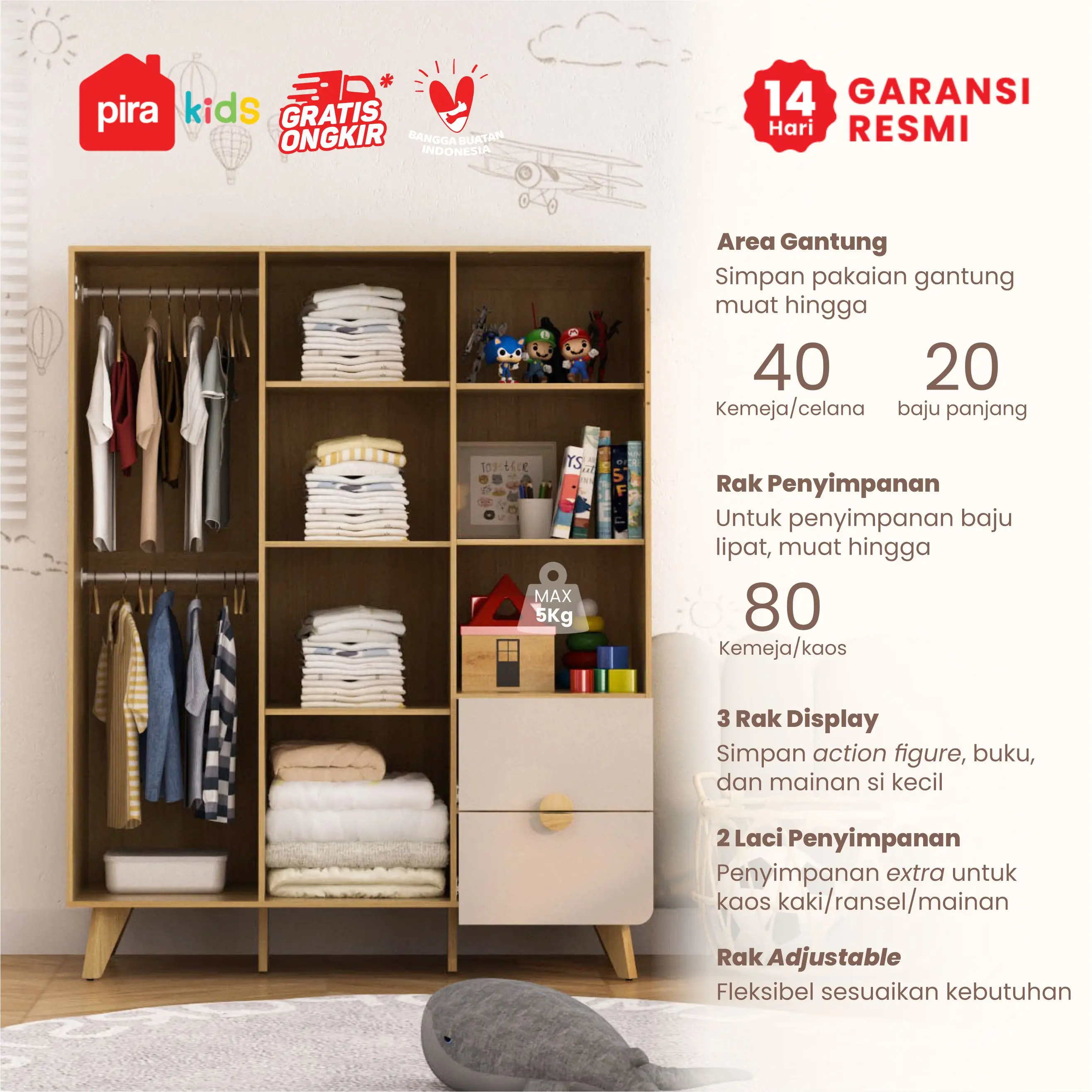 PIRA KIDS - TIANA BL150 LEMARI PAKAIAN ANAK 3 PINTU / LEMARI BAJU ANAK warna EURO OAK - LIGHT TAUPE - PIRA KIDS - foto 3