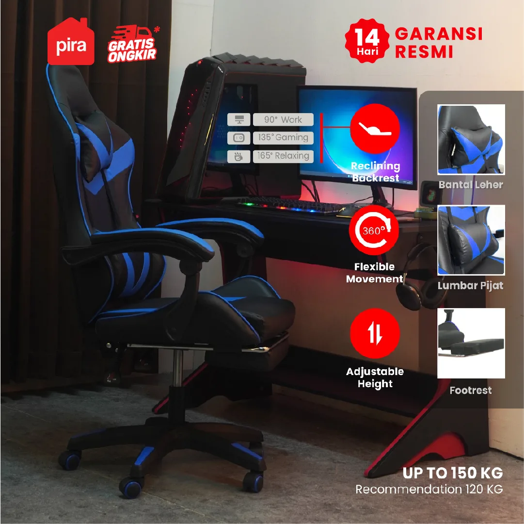 PIRA - X-WING GC V2 KURSI GAMING DENGAN SANDARAN KAKI DAN FITUR MASSAGE / PIJAT warna BLACK - BLUE - PIRA - foto 1