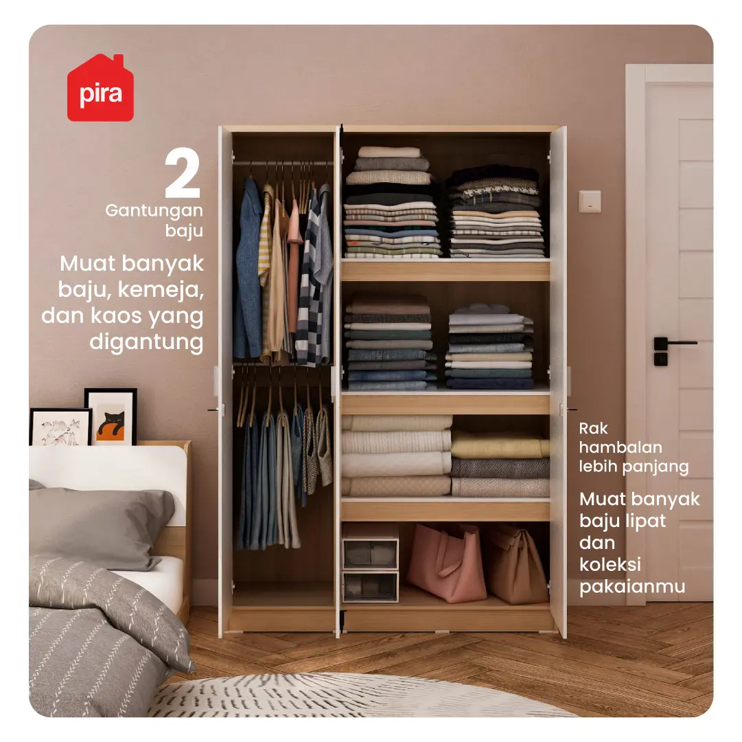 PIRA METROPOLIS - ARUNA 3PS LEMARI PAKAIAN MEDIUM 3 PINTU FULL RAK warna PRO OAK - WHITE - PIRA METROPOLIS OX - foto 2