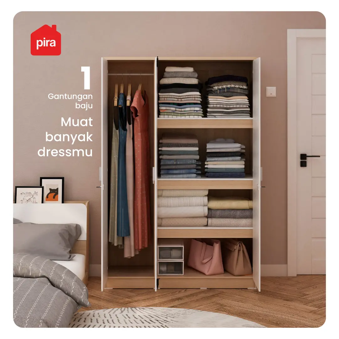 PIRA METROPOLIS - ARUNA 3PS LEMARI PAKAIAN MEDIUM 3 PINTU FULL RAK warna PRO OAK - WHITE - PIRA METROPOLIS OX - foto 3