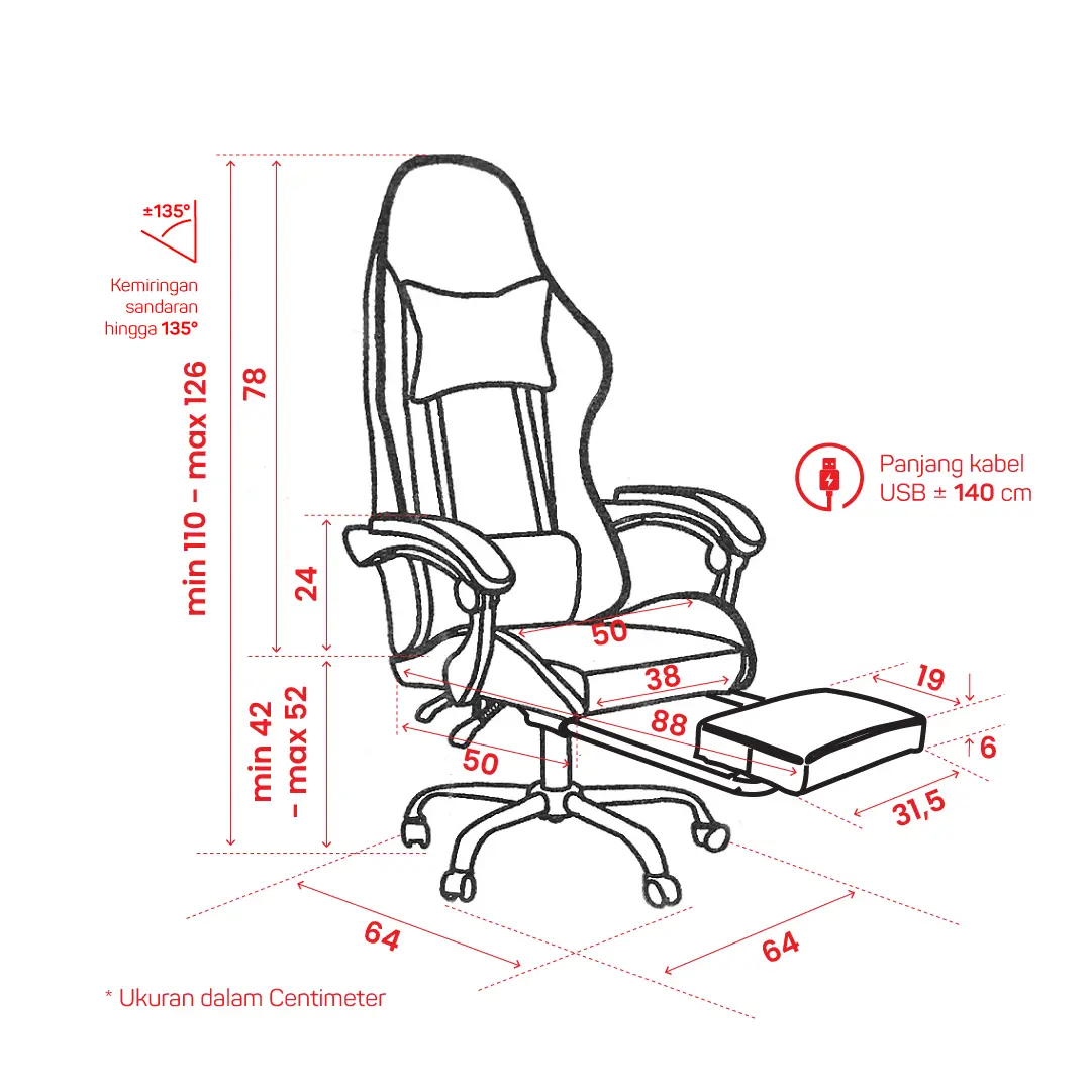 Panduan ukuran PIRA -  X-WING GC V2 KURSI GAMING DENGAN SANDARAN KAKI DAN FITUR MASSAGE / PIJAT warna BLACK - RED - PIRA