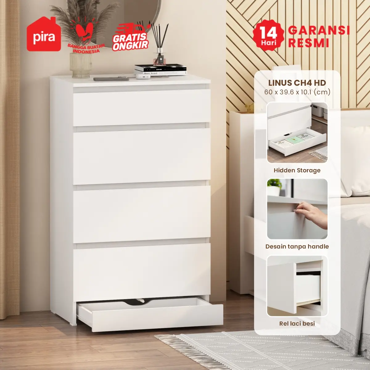 PIRA -  LINUS CH4 HD LEMARI LACI 4 SUSUN / DRAWER / LEMARI SUSUN DENGAN PENYIMPANAN TAMBAHAN warna WHITE SM - PIRA - foto 1