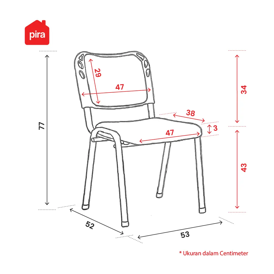 Panduan ukuran PIRA WORK -  FETT VC KURSI HADAP / KURSI SUSUN / KURSI MEETING / KURSI KANTOR / ISO CHAIR warna DARK GREY - PIRA WORK