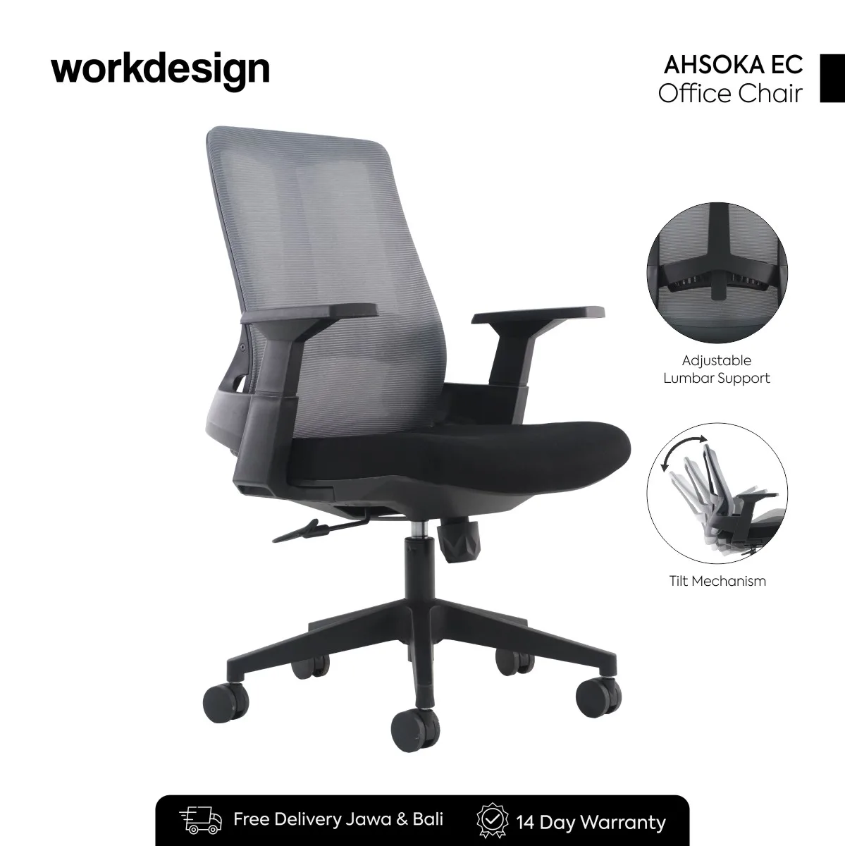 WORKDESIGN - AHSOKA EC PR KURSI KANTOR / KURSI KERJA ERGONOMIS DENGAN LUMBAR SUPPORT warna DARK GREY - BLACK - WORKDESIGN - foto 2