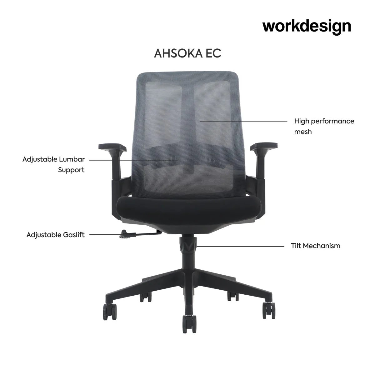 WORKDESIGN - AHSOKA EC PR KURSI KANTOR / KURSI KERJA ERGONOMIS DENGAN LUMBAR SUPPORT warna DARK GREY - BLACK - WORKDESIGN - foto 4