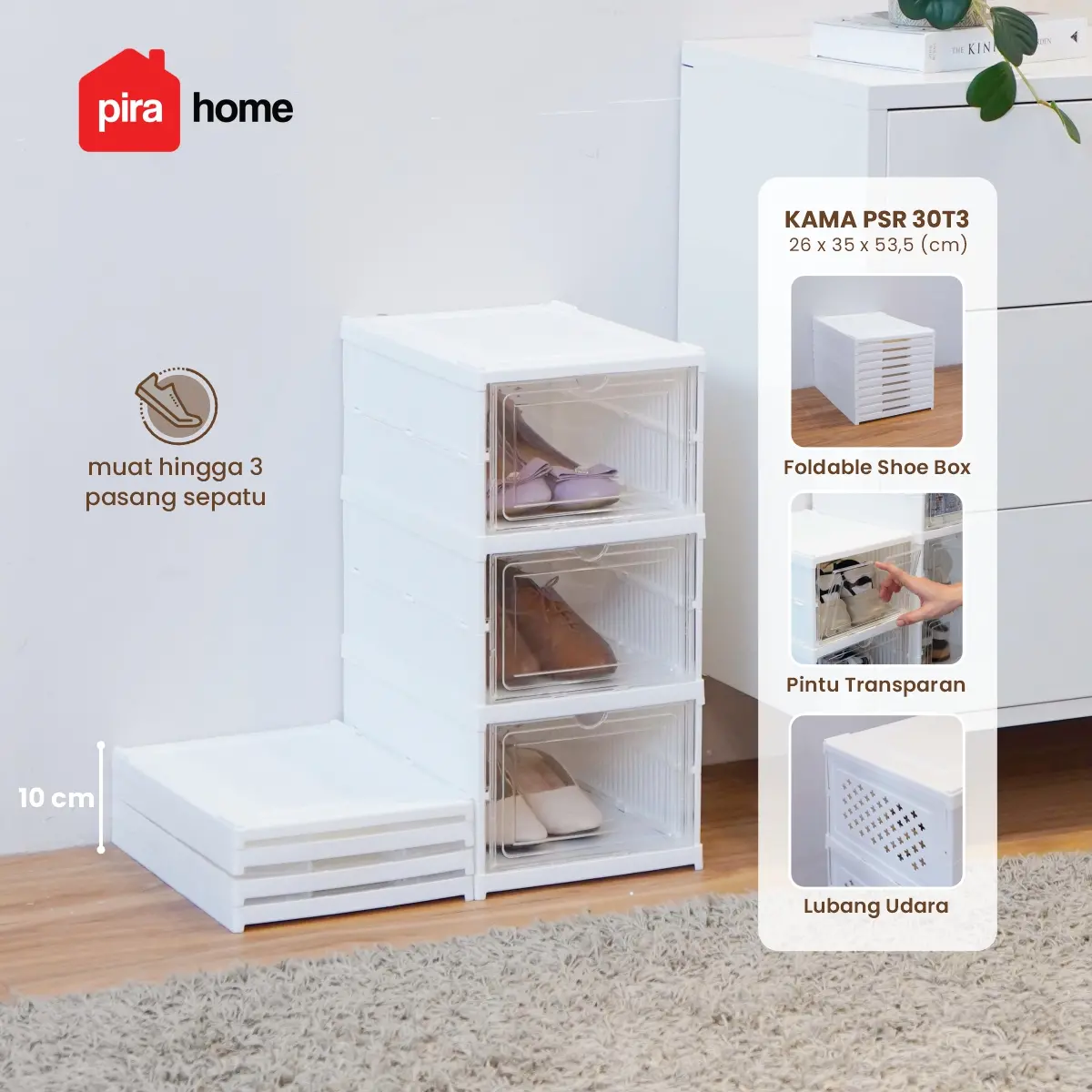 PIRA - KAMA PSR RAK SEPATU LIPAT 1 PINTU / KOTAK SEPATU TRANSPARAN / RAK SEPATU SUSUN TERTUTUP warna WHITE - PIRA - foto 1