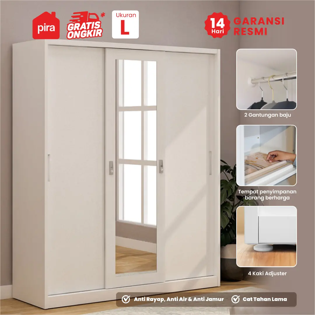 PIRA - STEEL 160 MWDSL LEMARI PAKAIAN BESI 3 PINTU SLIDING / PINTU GESER / LEMARI JUMBO warna WHITE - PIRA - foto 8