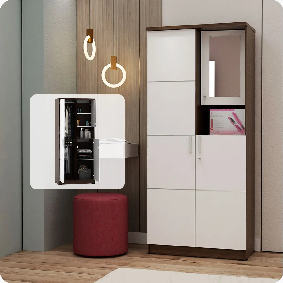 PIRA METROPOLIS - ALBA BAZ WDD2 LEMARI PAKAIAN 2 PINTU DENGAN KACA RIAS warna AMERICAN WALNUT - WHITE - METROPOLIS - foto 2