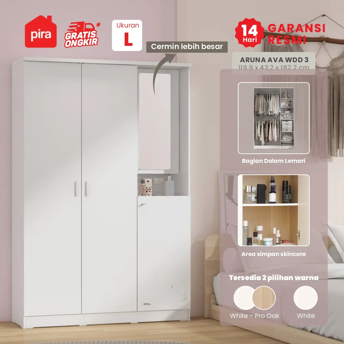 PIRA METROPOLIS OX - ARUNA AVA WDD 3 LEMARI PAKAIAN 3 PINTU DENGAN KACA RIAS warna WHITE - PIRA METROPOLIS OX - foto 1