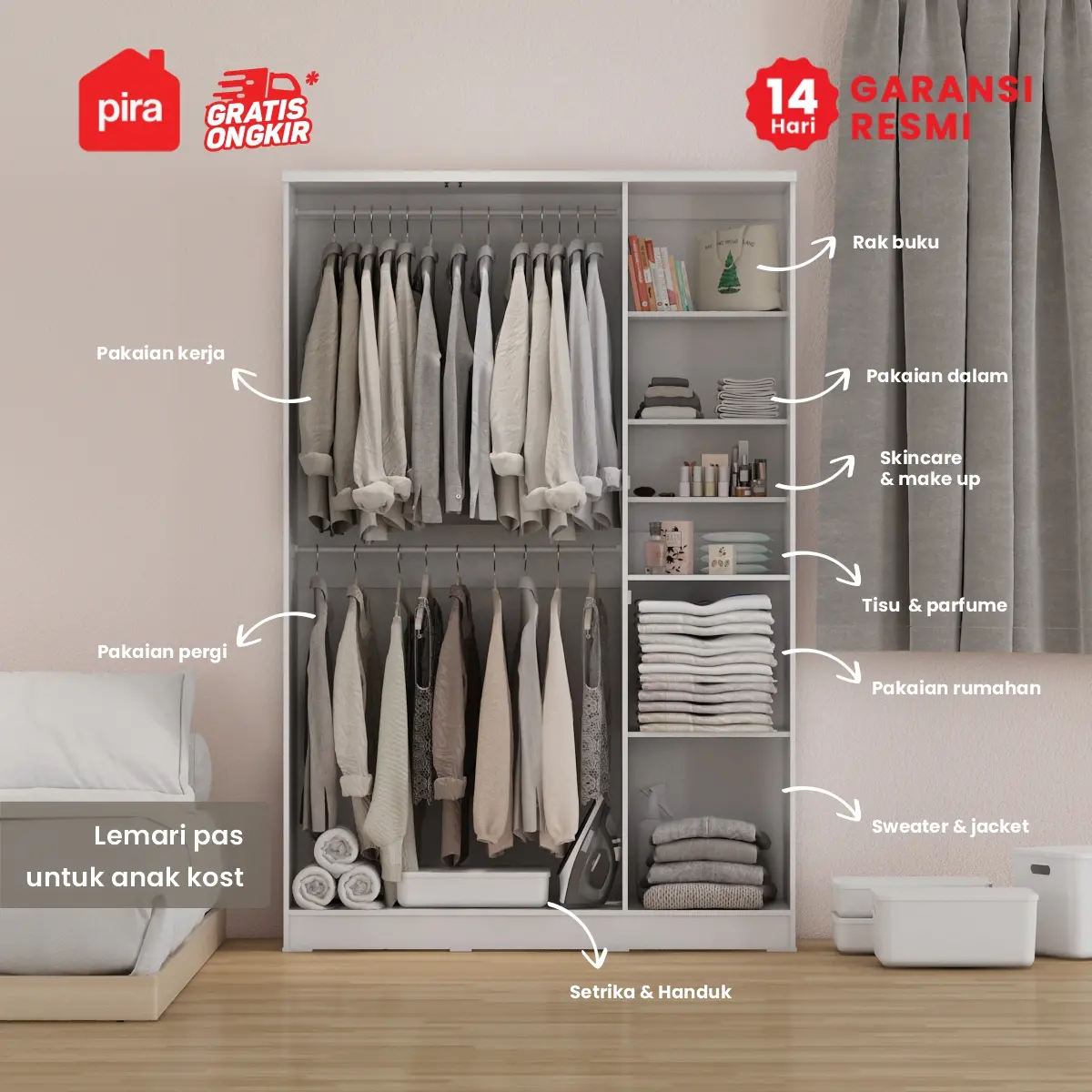 PIRA METROPOLIS OX - ARUNA AVA WDD 3 LEMARI PAKAIAN 3 PINTU DENGAN KACA RIAS warna WHITE - PIRA METROPOLIS OX - foto 5