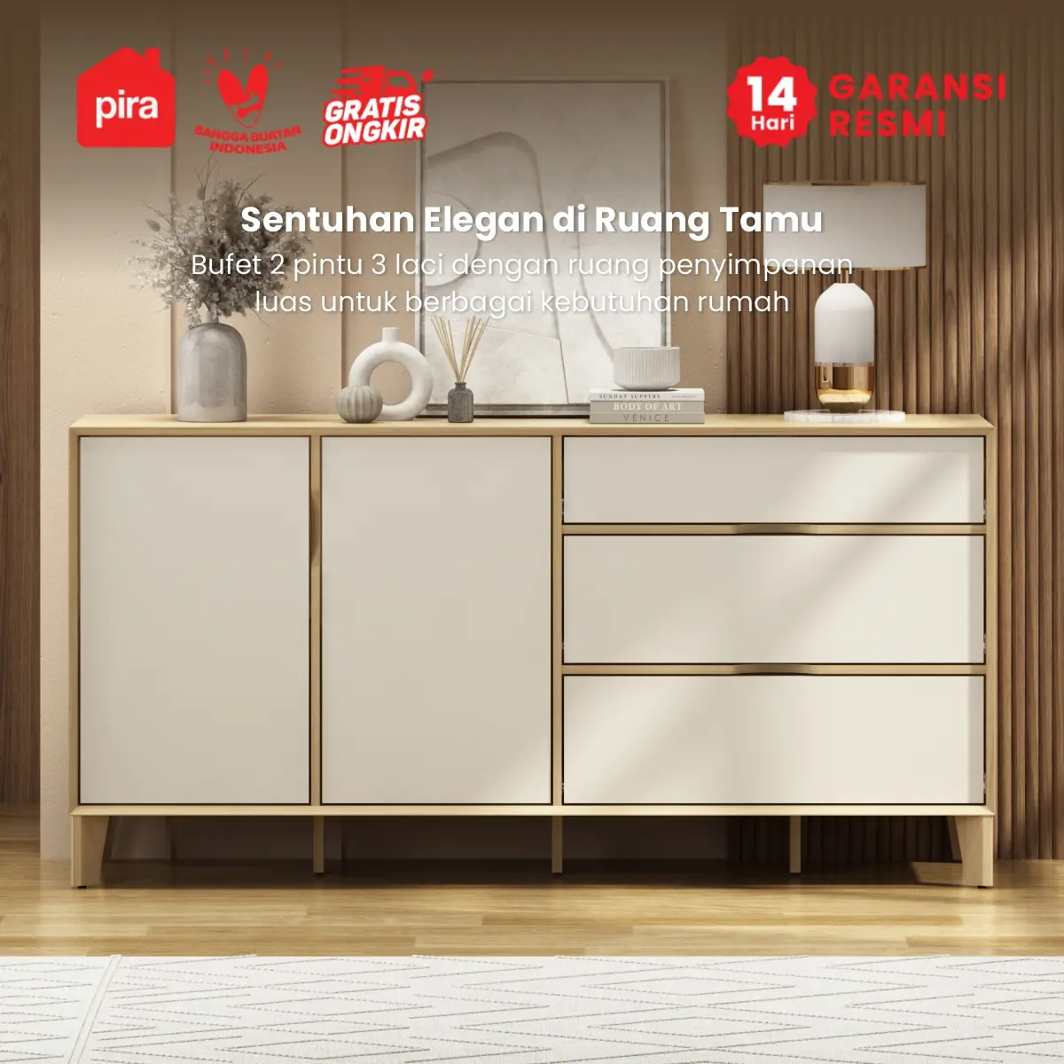 PIRA -  LUCA SB160 BUFET / SIDEBOARD / LEMARI KABINET / MEJA TV warna EURO OAK - LIGHT TAUPE - PIRA - foto 3