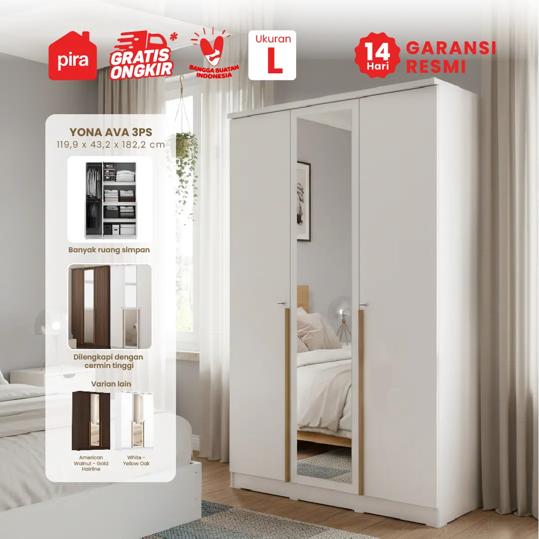PIRA METROPOLIS -  YONA AVA 3PS LEMARI PAKAIAN 3 PINTU DENGAN LEBIH BANYAK RAK warna WHITE - YELLOW OAK - PIRA METROPOLIS - foto 1