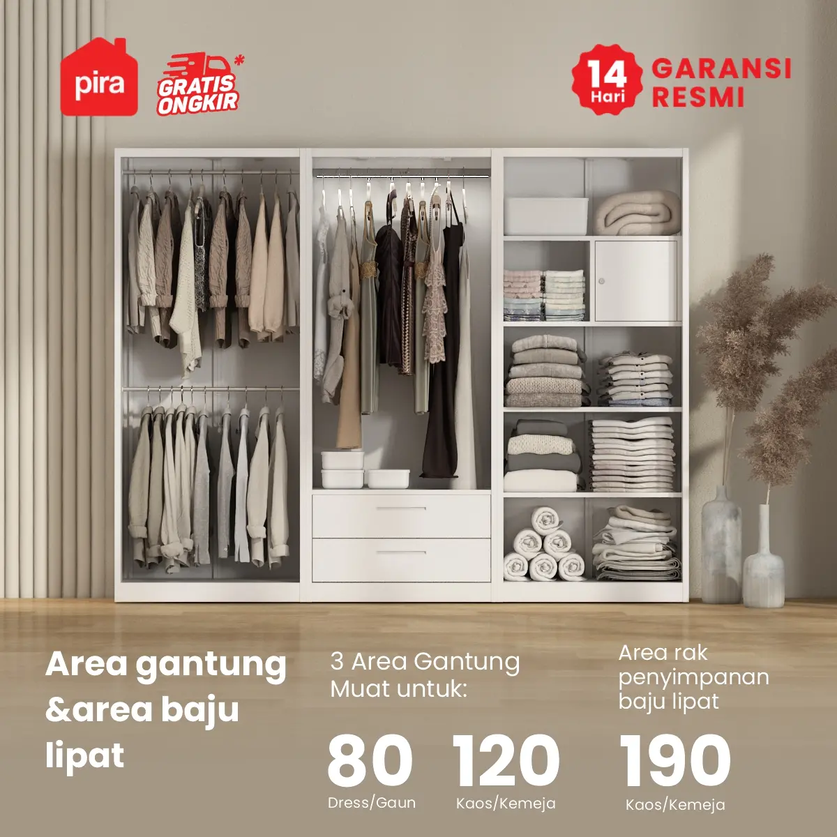 PIRA -  STEEL 6P FGD MWD LEMARI PAKAIAN BESI 6 PINTU DENGAN LACI DAN LED warna WHITE - PIRA - foto 3