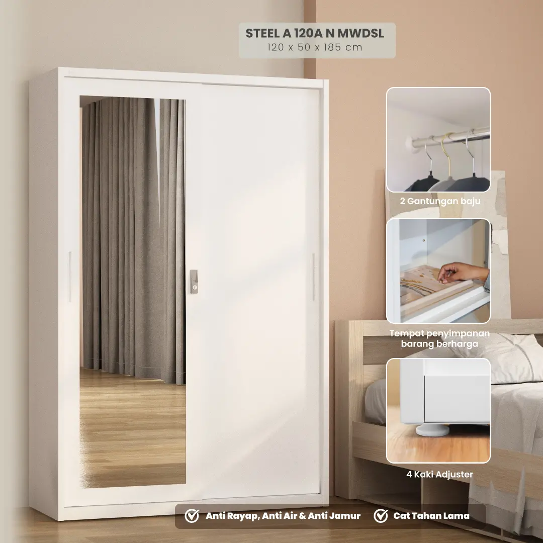 PIRA - STEEL A 120A N MWDSL LEMARI PAKAIAN BESI SLIDING / PINTU GESER warna WHITE - PIRA - foto 1