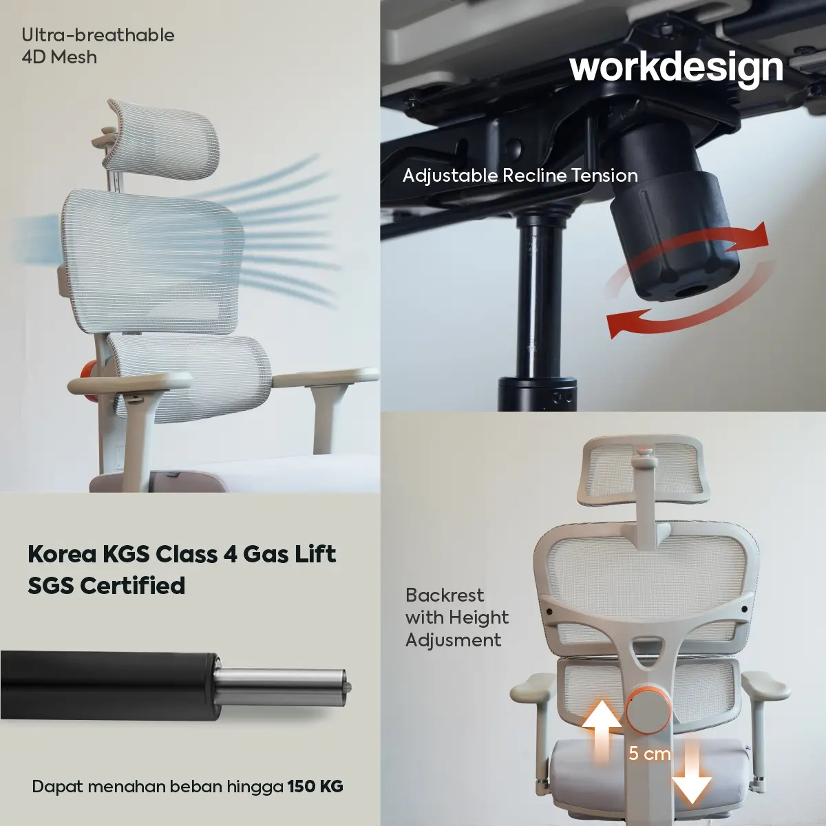 WORKDESIGN ANISEYA PC KURSI KANTOR / KURSI KERJA ERGONOMIS DENGAN LUMBAR SUPPORT warna GREY - WORKDESIGN - foto 4