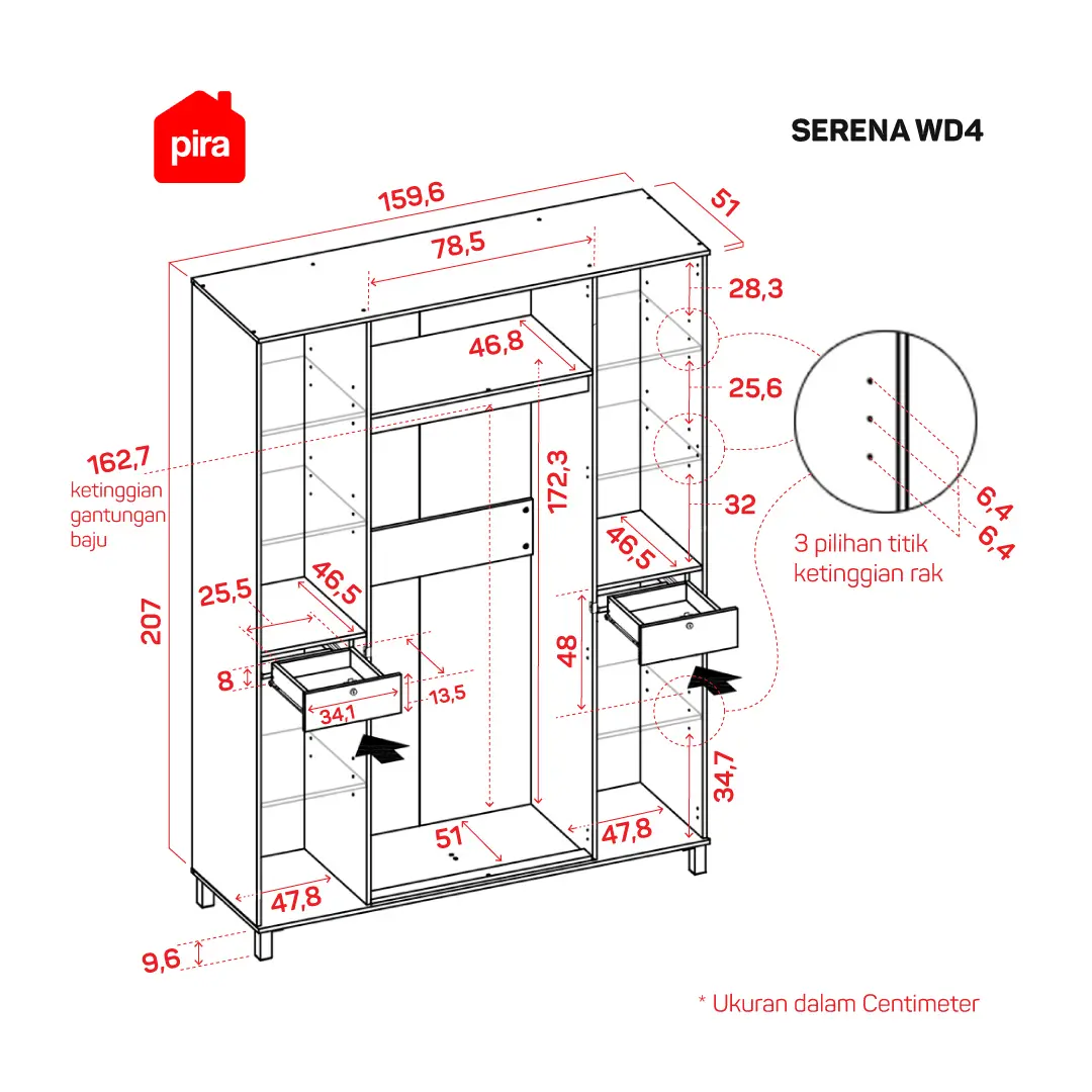 Panduan ukuran SERENA WD4 warna WHITE ASH - YELLOW OAK - PIRA