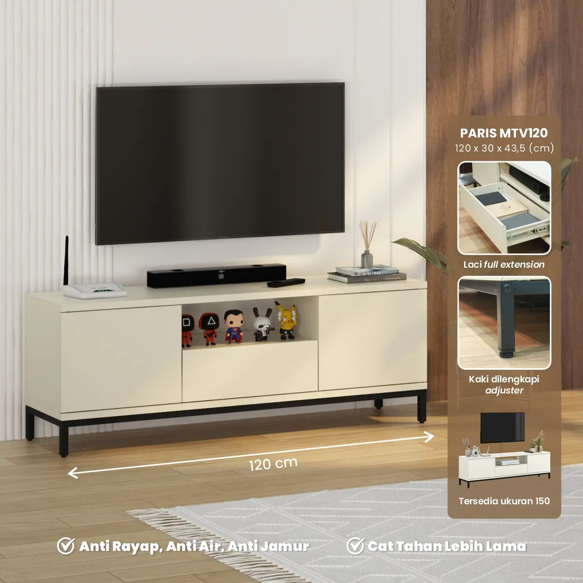PIRA - PARIS MTV120 MEJA TV / RAK TV BESI warna CREAM - BLACK - PIRA - foto 1