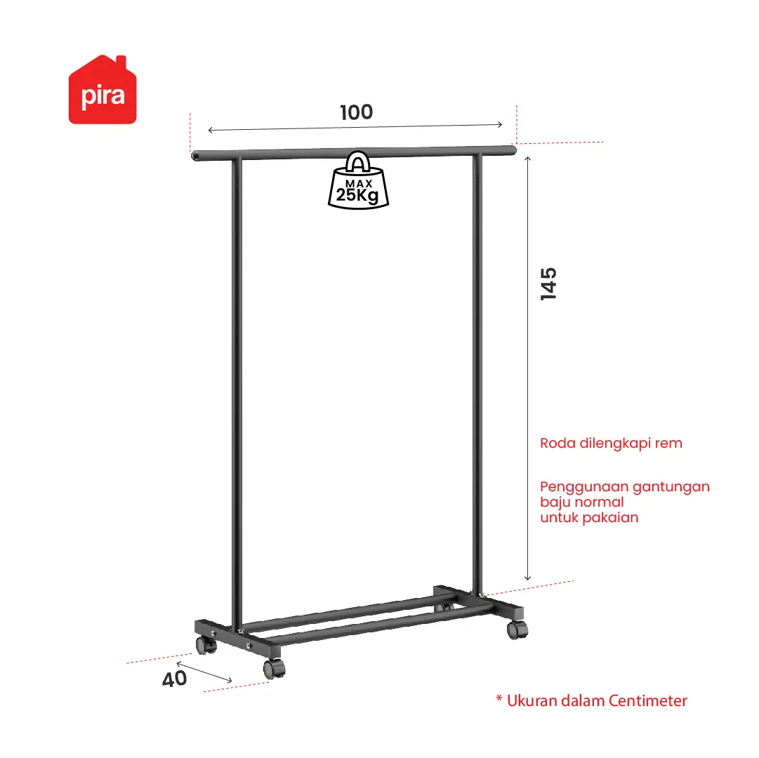 Panduan ukuran PIRA - ATLA CR 100 W RAK GANTUNG BAJU / STAND GANTUNGAN / STAND HANGER / RAK BESI warna BLACK - PIRA