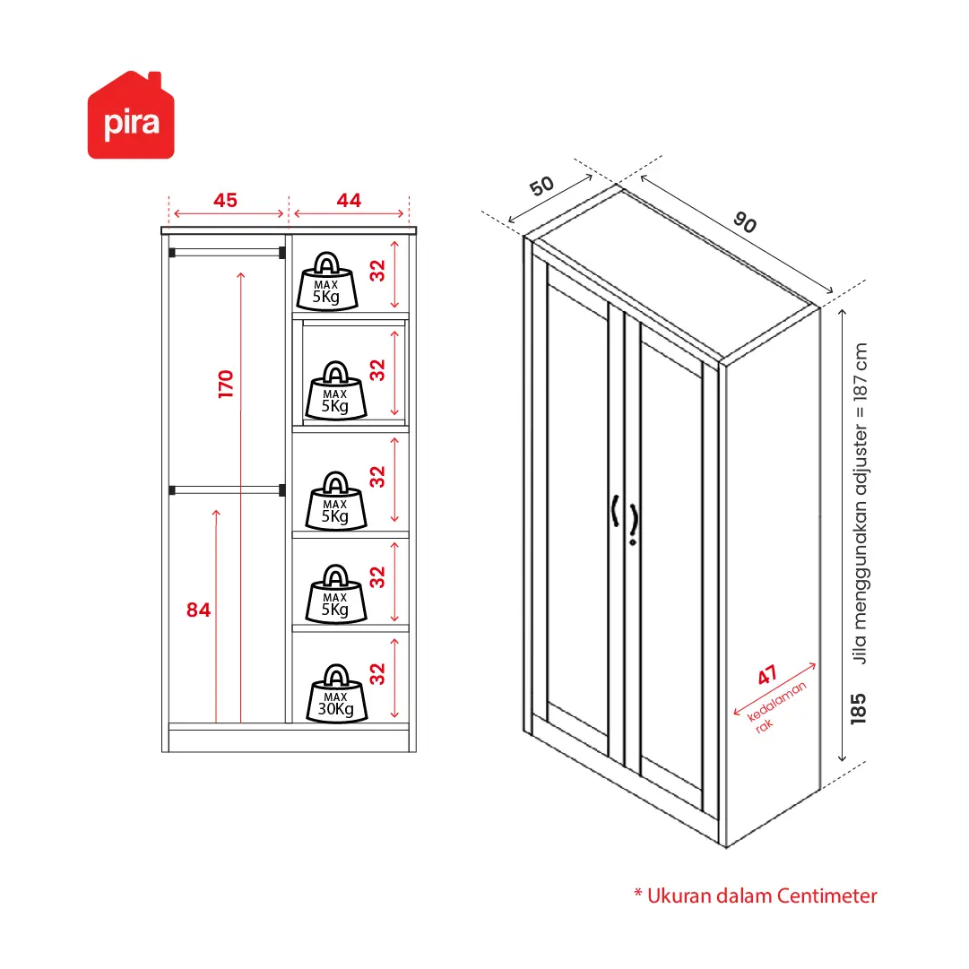 Panduan ukuran PIRA -  ASHTON 2P MWD LEMARI PAKAIAN BESI 2 PINTU warna LIGHT ASH - WHITE - PIRA