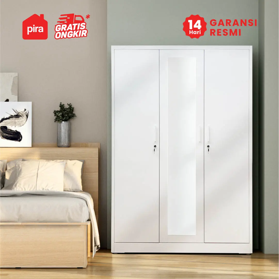 PIRA OX - RALF 3PS MWD LEMARI PAKAIAN BESI 3 PINTU FULL RAK DENGAN CERMIN warna WHITE - LIGHT GREY - PIRA - foto 6