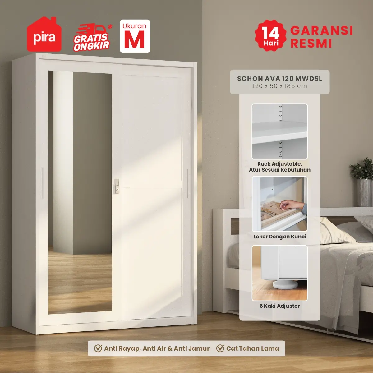 PIRA - SCHON AVA 120 MWDSL LEMARI PAKAIAN BESI SLIDING / PINTU GESER warna WHITE - PIRA - foto 1