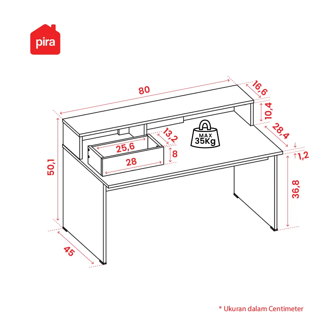 Panduan ukuran PIRA METROPOLIS OX -  MARU DESK MEJA BELAJAR / MEJA KOMPUTER / MEJA LESEHAN warna WHITE - PRO OAK - PIRA METROPOLIS OX