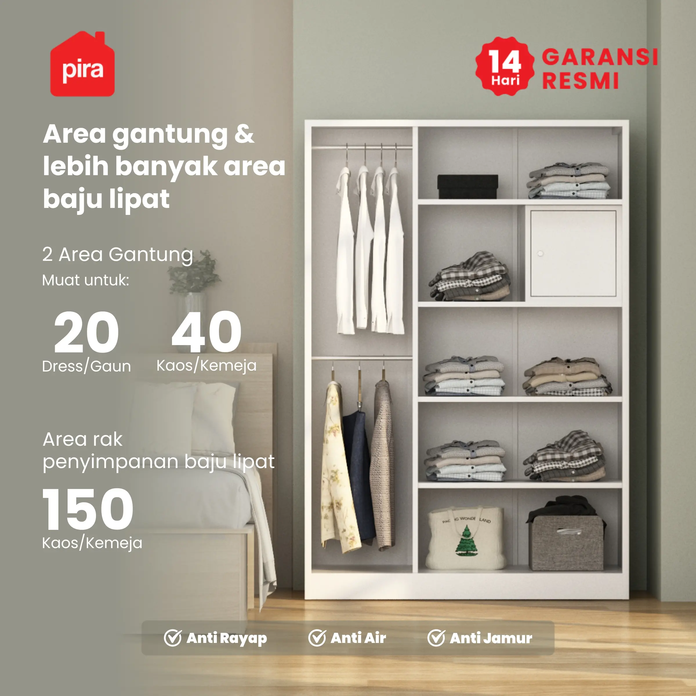 PIRA OX - RALF 3PS MWD LEMARI PAKAIAN BESI 3 PINTU FULL RAK DENGAN CERMIN warna WHITE - LIGHT GREY - PIRA - foto 2