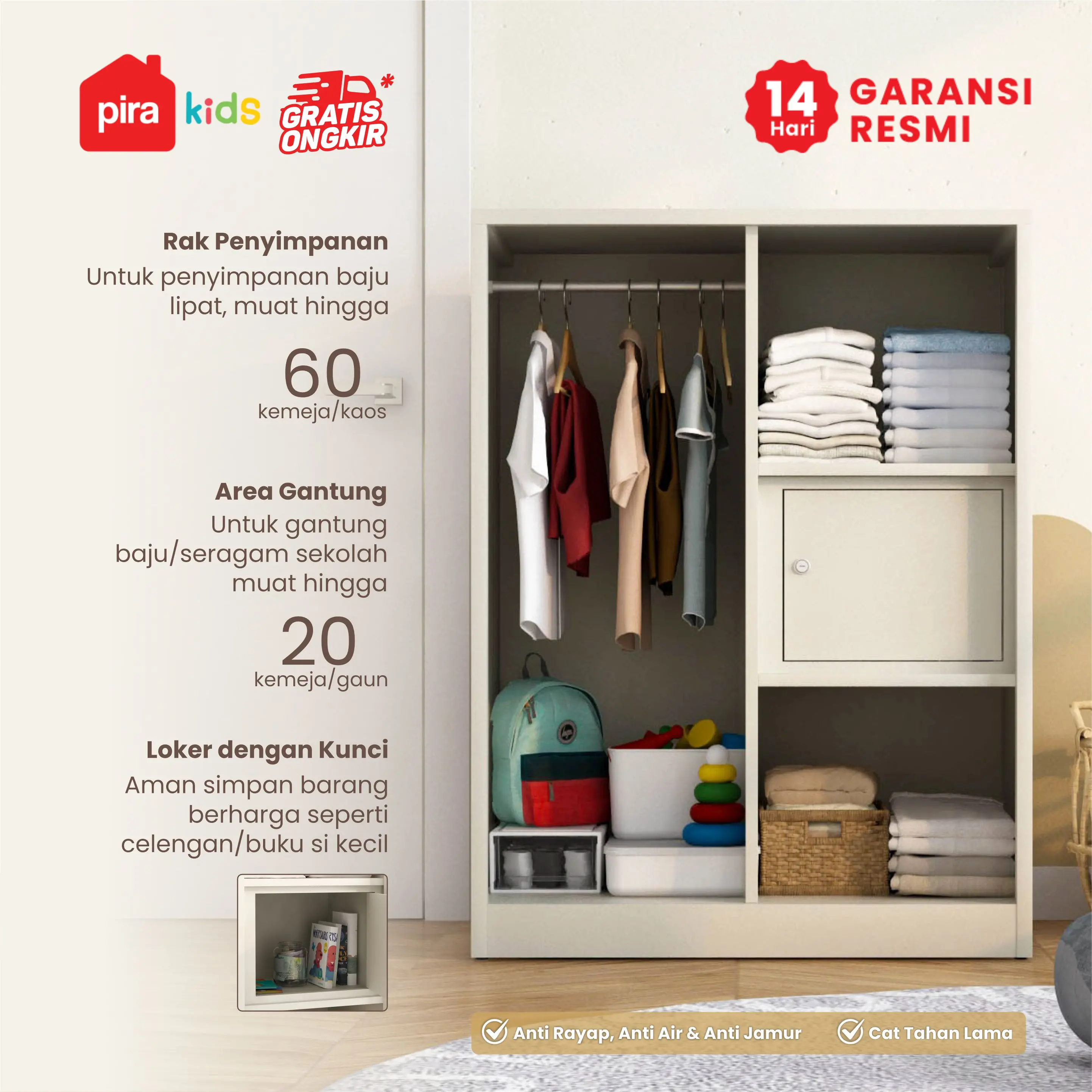 PIRA KIDS -  BOB 2BL MR MWD LEMARI PAKAIAN BESI 2 PINTU / LEMARI PAKAIAN ANAK / LEMARI BAJU KECIL / BABY LOCKER warna CREAM-WHITE - PIRA KIDS - foto 3