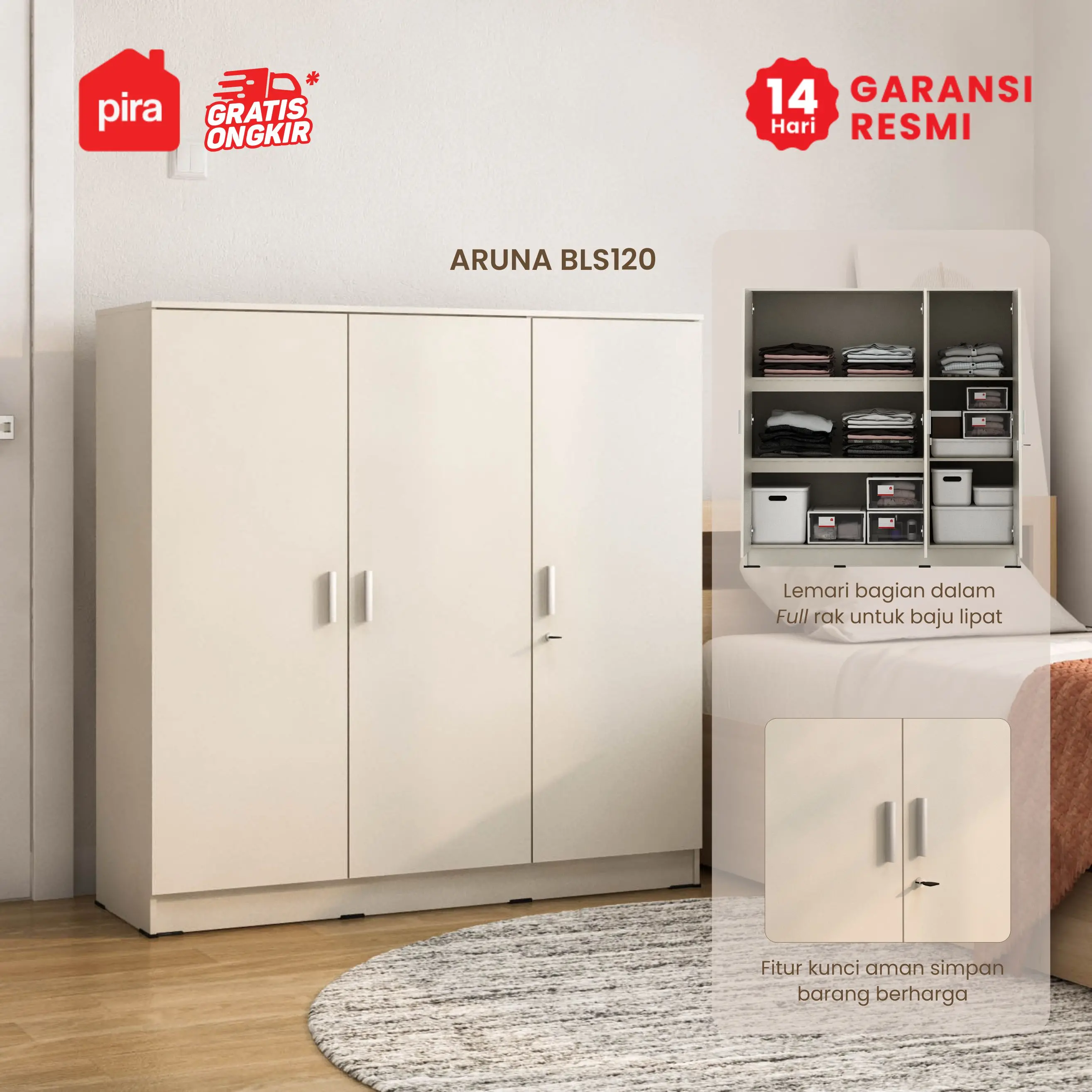 PIRA METROPOLIS OX - ARUNA BLS120 LEMARI PAKAIAN 3 PINTU FULL RAK warna LIGHT TAUPE - PIRA METROPOLIS OX - foto 2