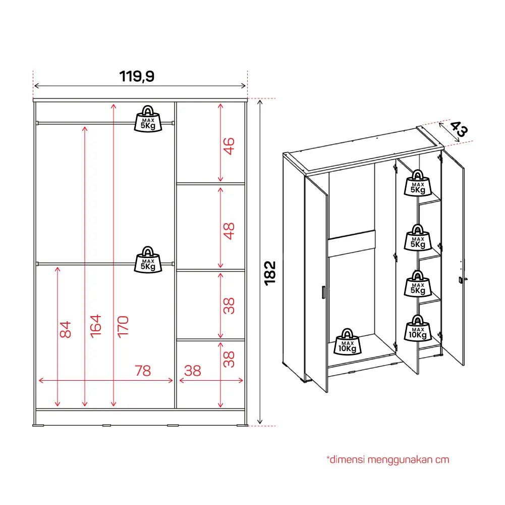 Panduan ukuran PIRA METROPOLIS OX - ARUNA 3P LEMARI PAKAIAN 3 PINTU warna PRO OAK - TAUPE - PIRA METROPOLIS OX