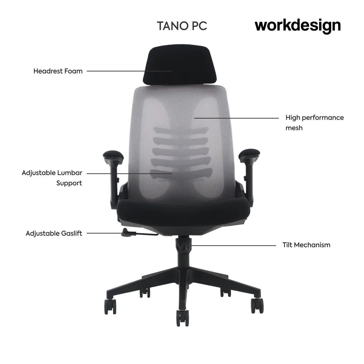 WORKDESIGN TANO PC KURSI KANTOR / KURSI KERJA ERGONOMIS DENGAN LUMBAR SUPPORT warna GREY - BLACK - WORKDESIGN - foto 3