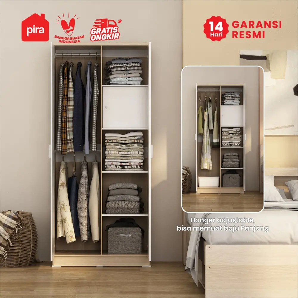 PIRA - ARUNA 2P A LK LEMARI PAKAIAN 2 PINTU / LEMARI BAJU DENGAN LOKER PENYIMPANAN warna WHITE - PRODESIGN - foto 4