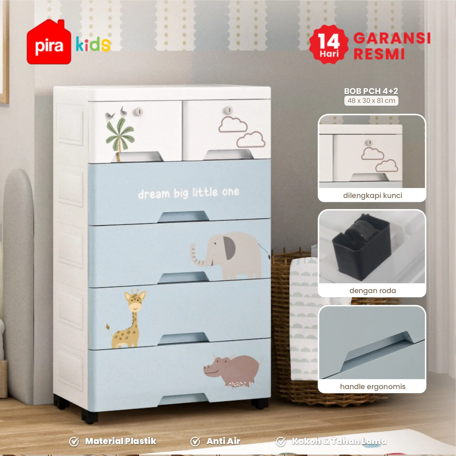 PIRA KIDS - BOB PCH4+2 LEMARI LACI PLASTIK / LEMARI PLASTIK / DRAWER PLASTIK / LEMARI BAYI / LEMARI PAKAIAN ANAK warna BLUE - PIRA KIDS - foto 1