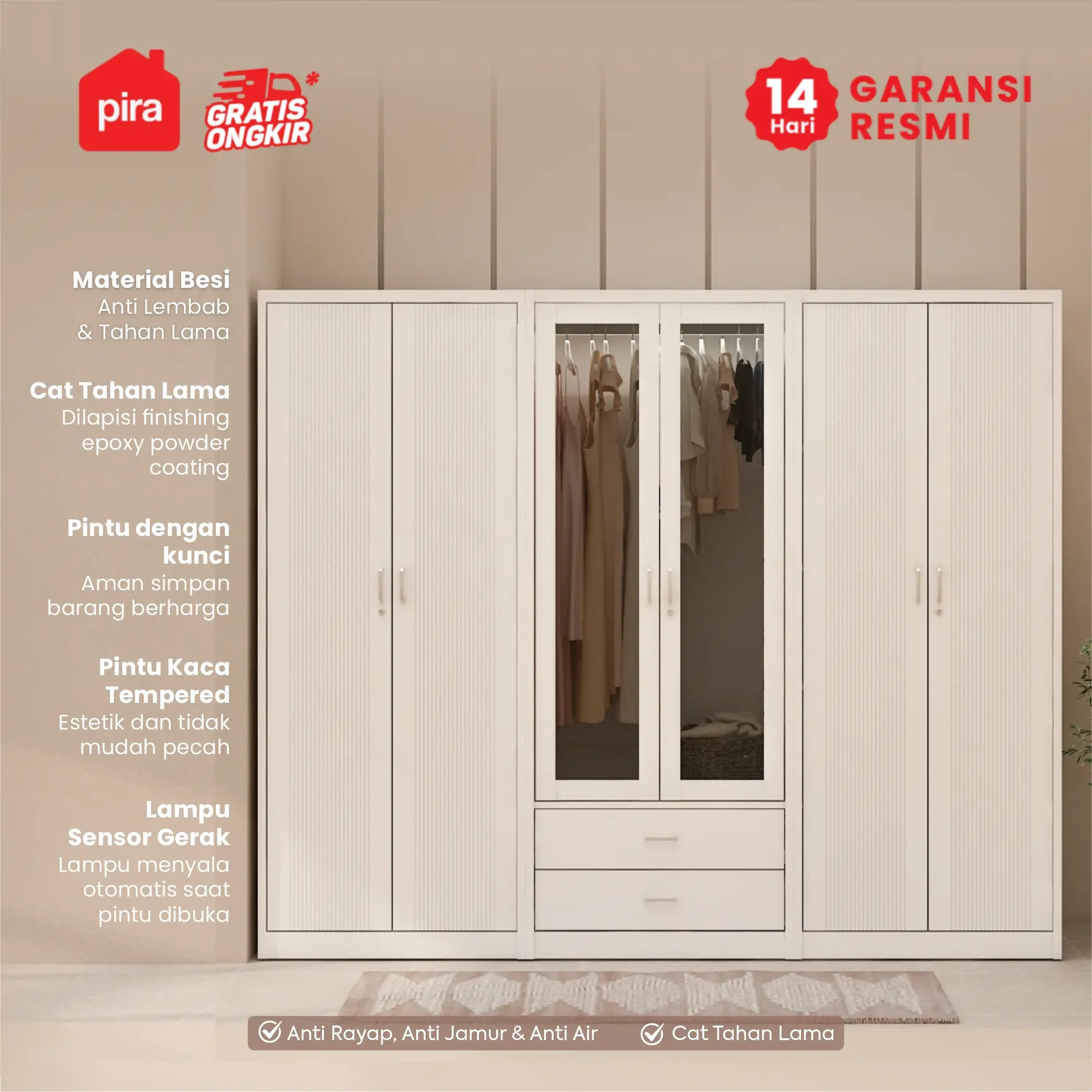PIRA - LINIO 6P FGD MWD LEMARI PAKAIAN BESI 6 PINTU DENGAN LACI DAN LED warna WHITE - PIRA - foto 2