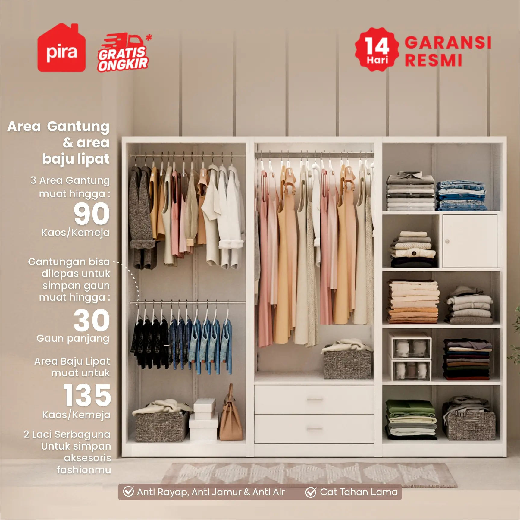 PIRA - LINIO 6P FGD MWD LEMARI PAKAIAN BESI 6 PINTU DENGAN LACI DAN LED warna WHITE - PIRA - foto 3