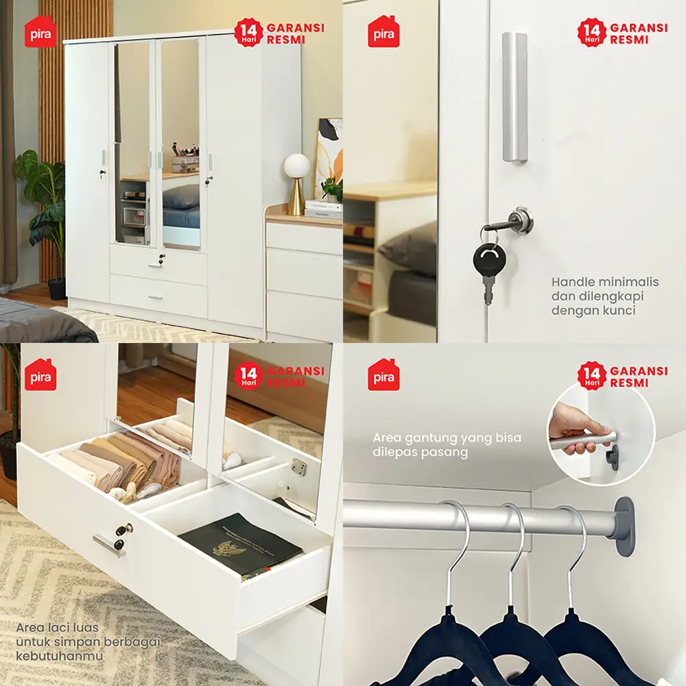 PIRA METROPOLIS OX - ASTA 4PL A LEMARI PAKAIAN 4 PINTU DENGAN LACI warna WHITE - PIRA METROPOLIS - foto 6