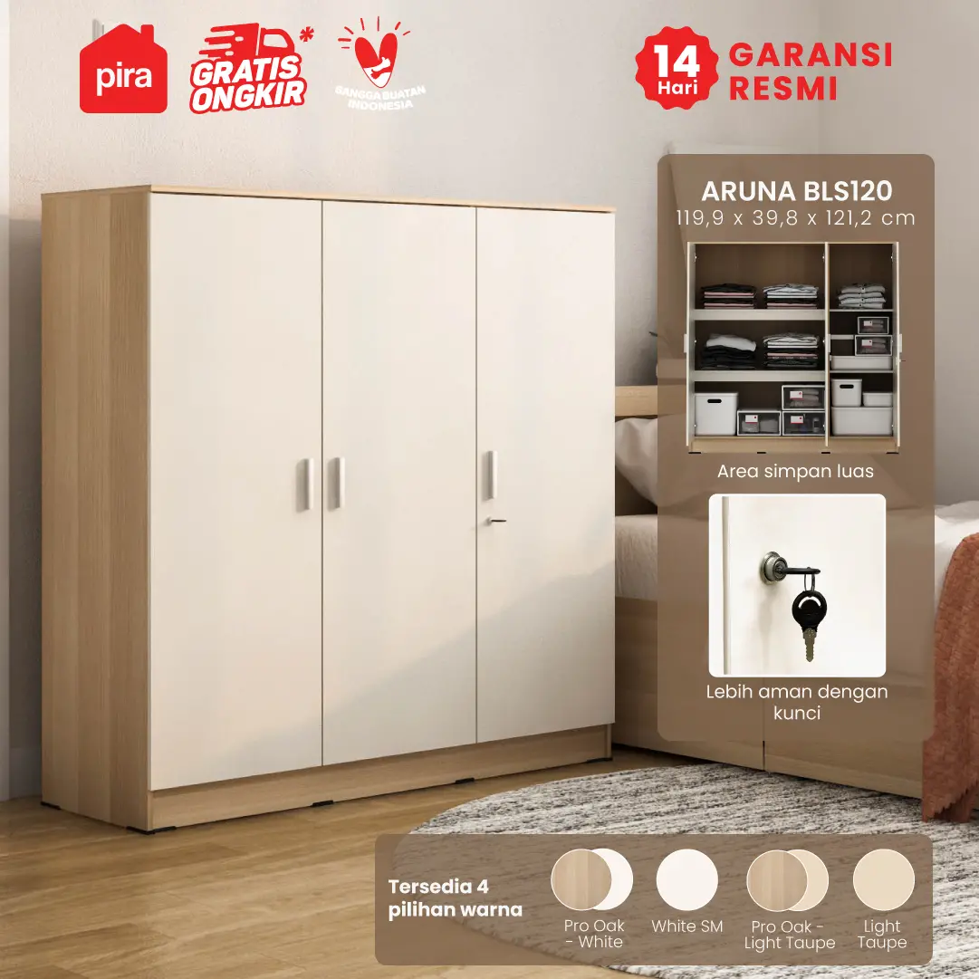 PIRA METROPOLIS OX - ARUNA BLS120 LEMARI PAKAIAN 3 PINTU FULL RAK warna PRO OAK - LIGHT TAUPE - PIRA METROPOLIS OX - foto 1