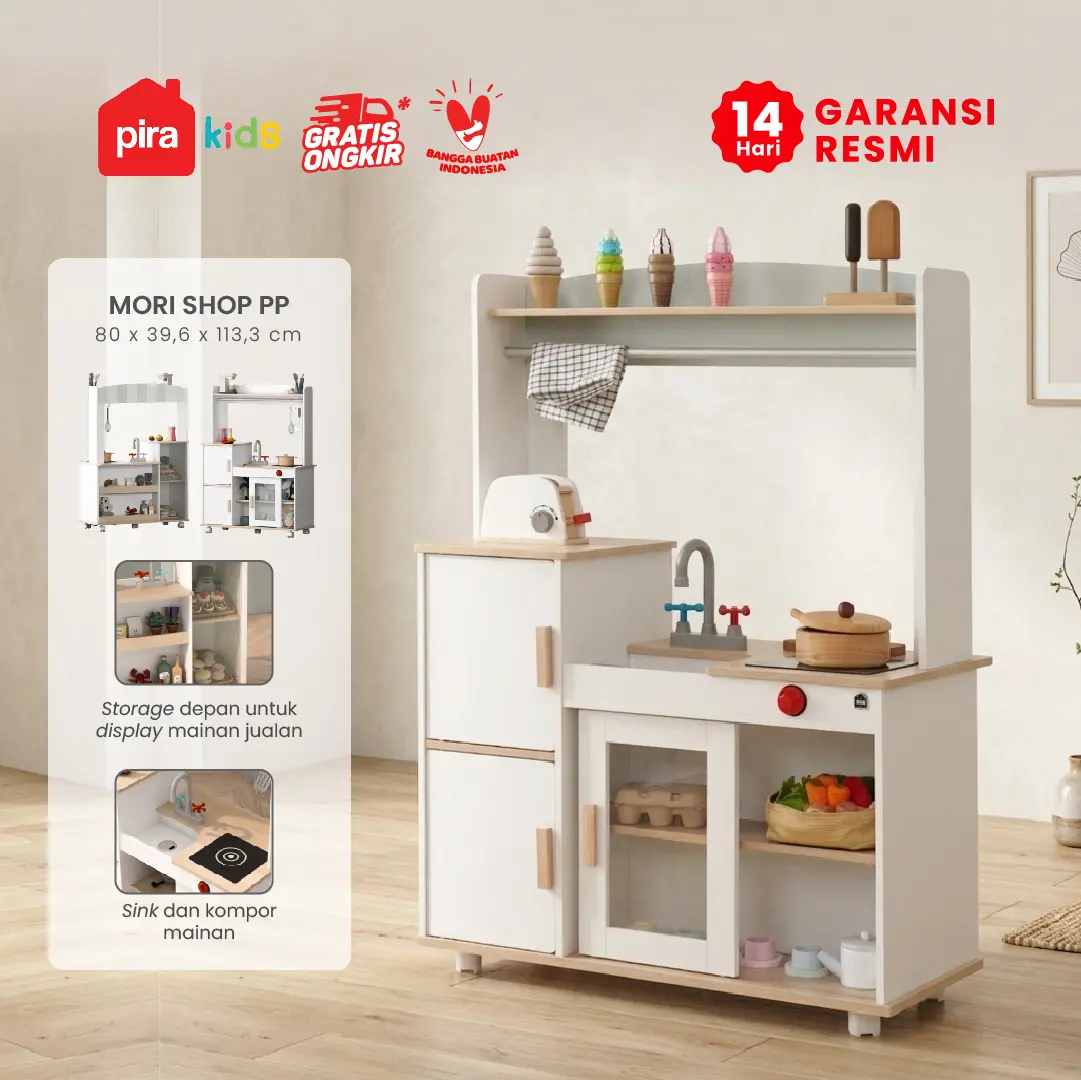 PIRA KIDS -  MORI SHOP PP PRETEND PLAY TOKO JUALAN / MARKET BOOTH / GEROBAK WARUNG MAINAN ANAK warna WHITE SM - PRO OAK - PIRA METROPOLIS - foto 1