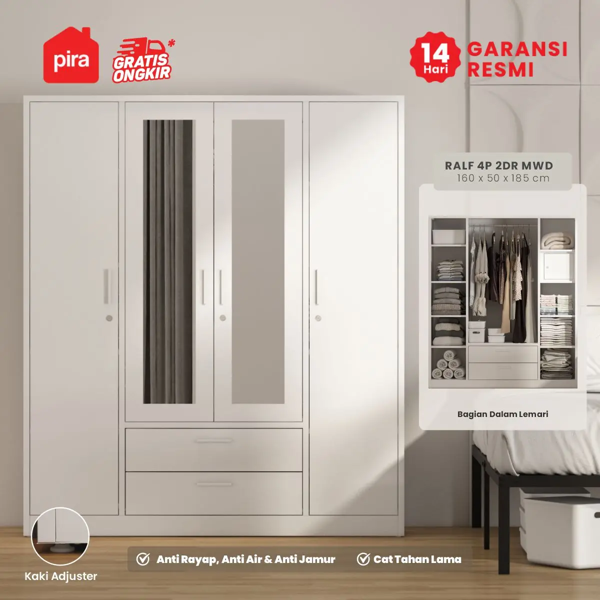PIRA - RALF 4P 2DR MWD LEMARI PAKAIAN BESI 4 PINTU DENGAN CERMIN DAN 2 LACI warna WHITE - PIRA - foto 2