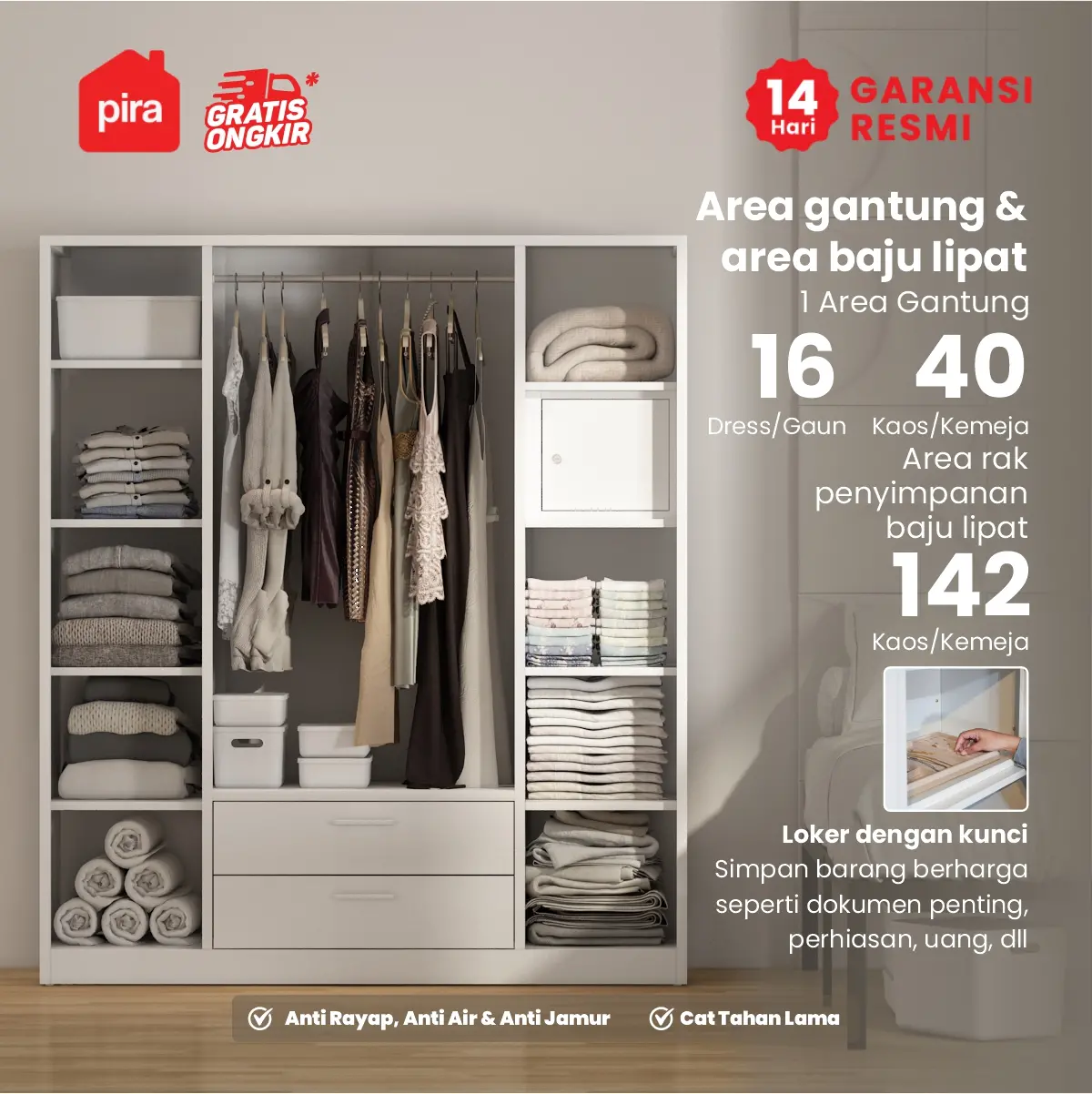 PIRA - RALF 4P 2DR MWD LEMARI PAKAIAN BESI 4 PINTU DENGAN CERMIN DAN 2 LACI warna WHITE - PIRA - foto 3
