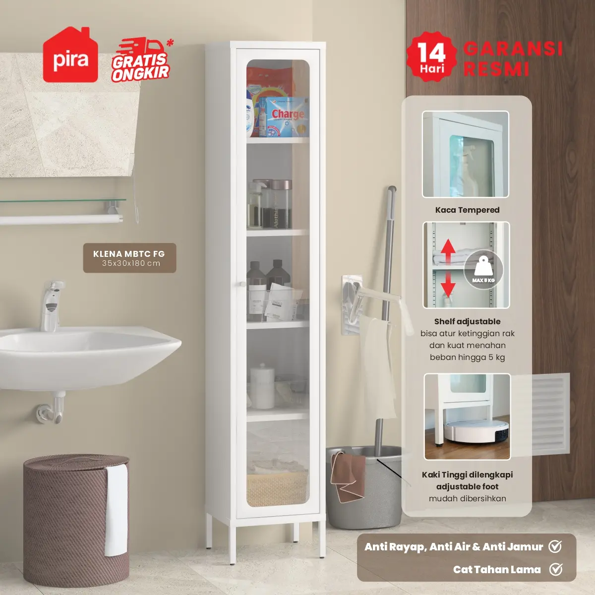 PIRA - KLENA MBTC FG LEMARI BESI / RAK KAMAR MANDI / LEMARI KAMAR MANDI / RAK DISPLAY / RAK BUKU warna WHITE - PIRA - foto 1
