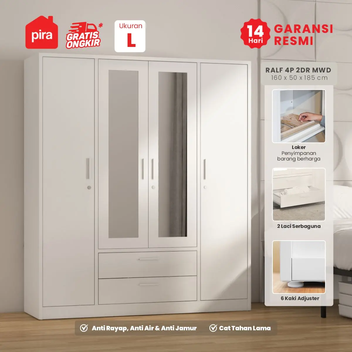 PIRA - RALF 4P 2DR MWD LEMARI PAKAIAN BESI 4 PINTU DENGAN CERMIN DAN 2 LACI warna WHITE - PIRA - foto 1