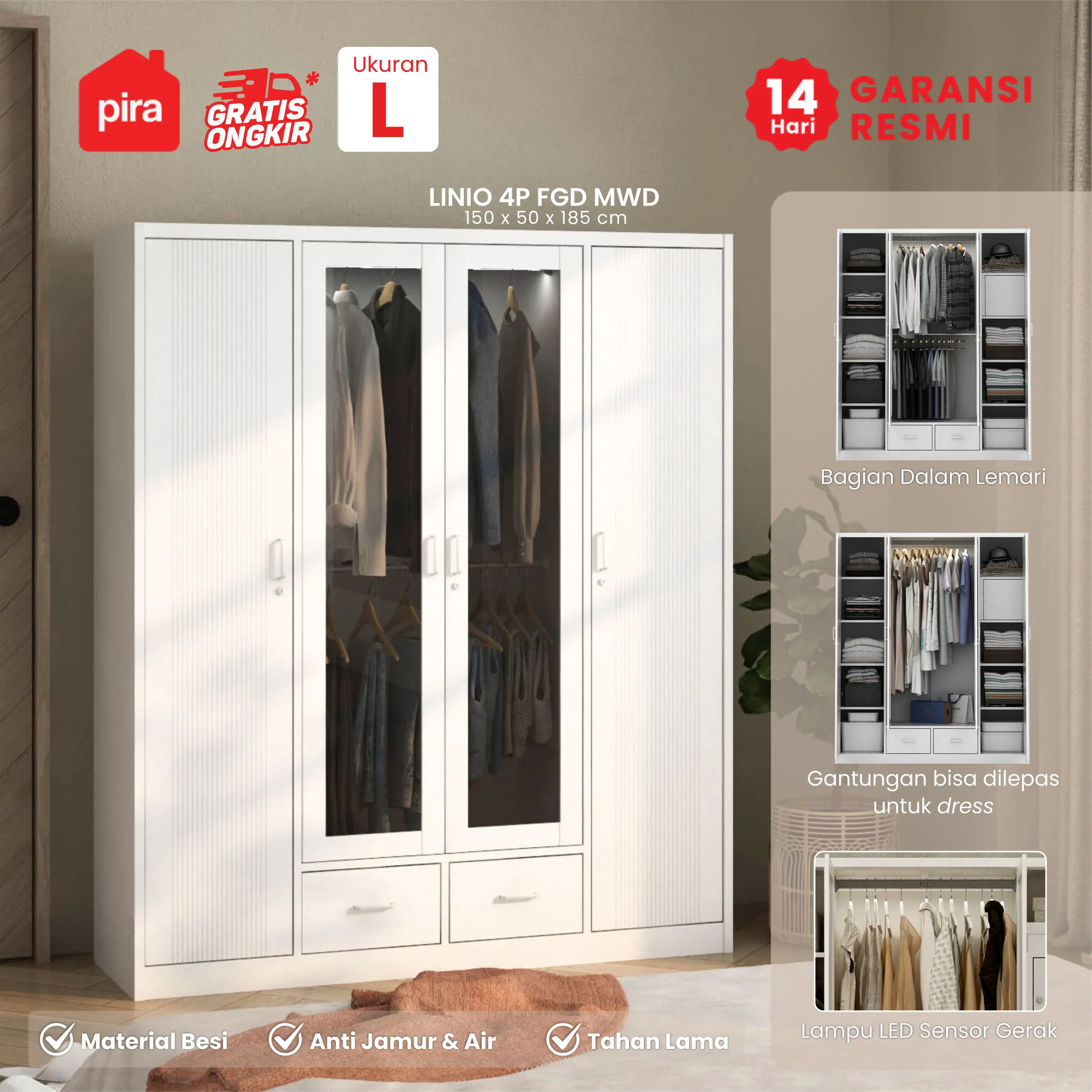 PIRA - LINIO 4P FGD MWD LEMARI PAKAIAN BESI 4 PINTU DENGAN LACI DAN LED warna WHITE - PIRA - foto 1