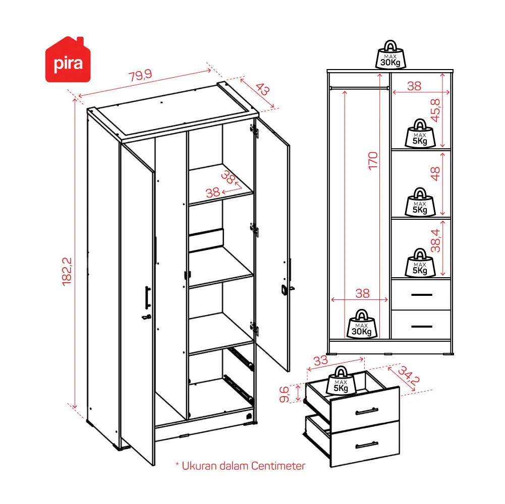 Panduan ukuran PIRA METROPOLIS - ALANA 2PL A LEMARI PAKAIAN 2 PINTU warna WHITE - PIRA METROPOLIS