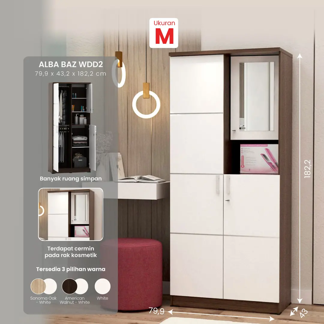 PIRA METROPOLIS - ALBA BAZ WDD2 LEMARI PAKAIAN 2 PINTU DENGAN KACA RIAS warna AMERICAN WALNUT - WHITE - METROPOLIS - foto 1