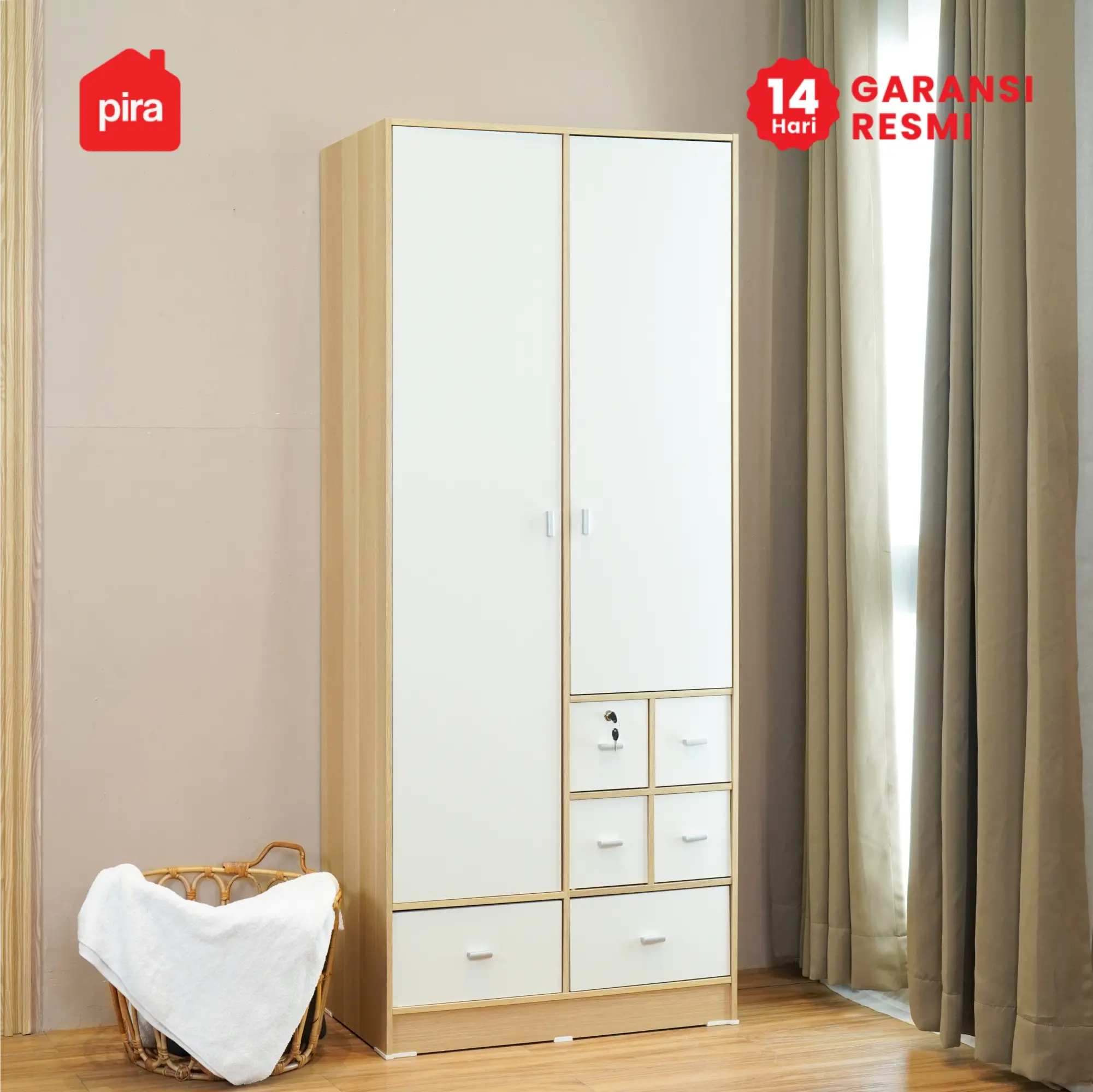 PIRA METROPOLIS OX -  ARUNA 2P 6DR LEMARI PAKAIAN 2 PINTU / LEMARI BAJU DENGAN BANYAK LACI PENYIMPANAN warna PRO OAK - WHITE - PIRA METROPOLIS OX - foto 9