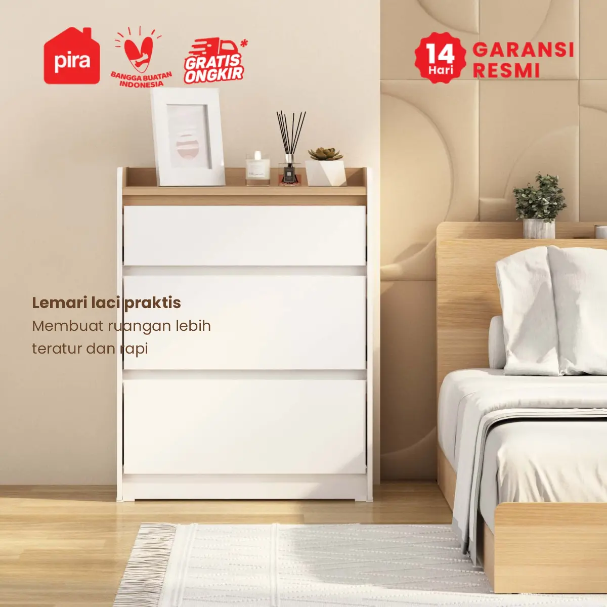 PIRA METROPOLIS - NILS CH3 LEMARI LACI 3 SUSUN / DRAWER / LEMARI SUSUN warna WHITE - PRO OAK - PIRA METROPOLIS - foto 2