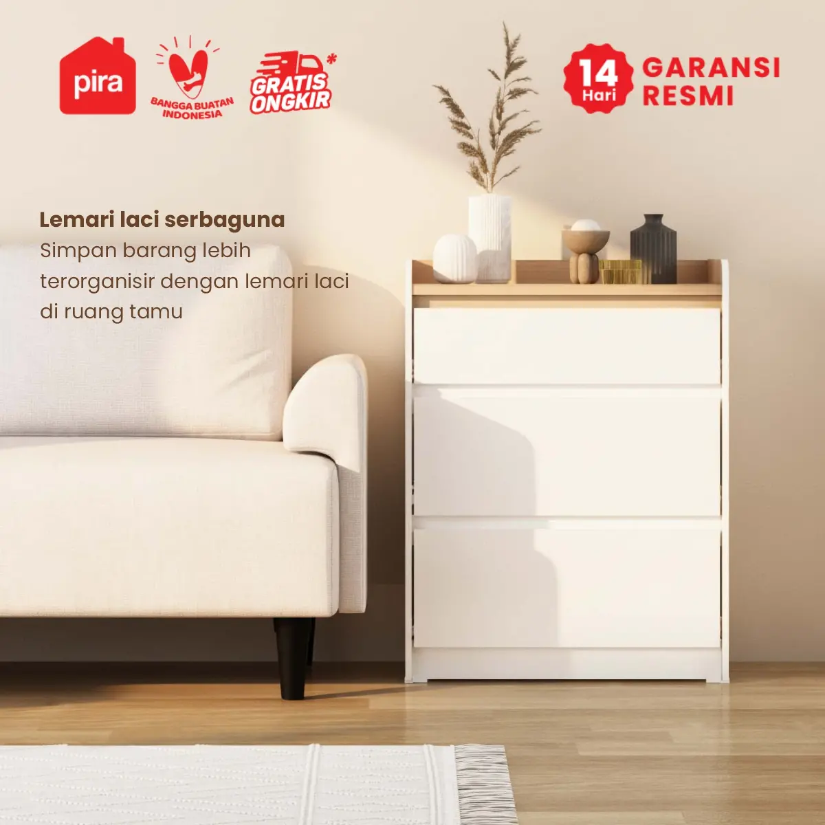 PIRA METROPOLIS - NILS CH3 LEMARI LACI 3 SUSUN / DRAWER / LEMARI SUSUN warna WHITE - PRO OAK - PIRA METROPOLIS - foto 3