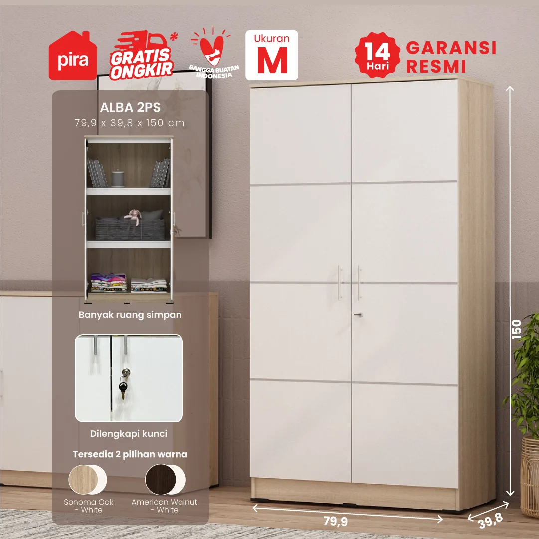 PIRA METROPOLIS - ALBA 2PS LEMARI PAKAIAN MEDIUM 2 PINTU FULL RAK warna SONOMA OAK - WHITE - METROPOLIS - foto 1