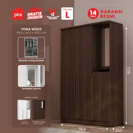 PIRA METROPOLIS - YONA WDD 3 LEMARI PAKAIAN 3 PINTU DENGAN KACA RIAS warna AMERICAN WALNUT - GOLD HAIRLINE - PIRA METROPOLIS - foto 1